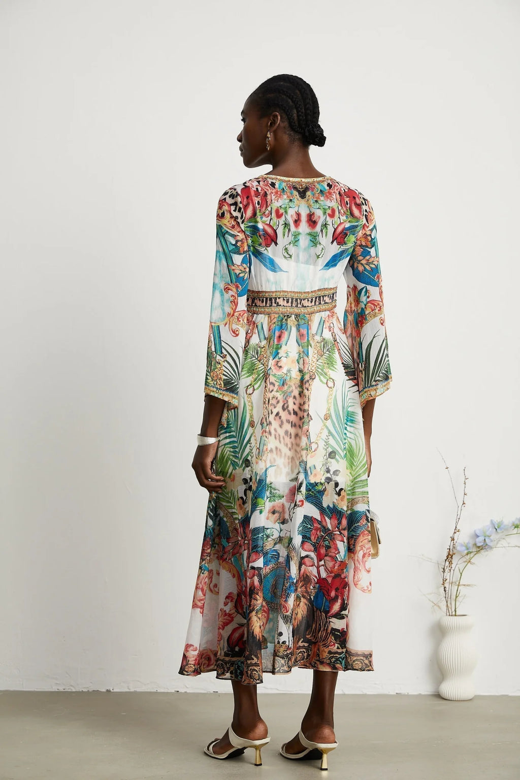 Camilla Midi Dress - Long Sleeves - Deep V - Neckline - All - over Graphic - Crystal Embellishment