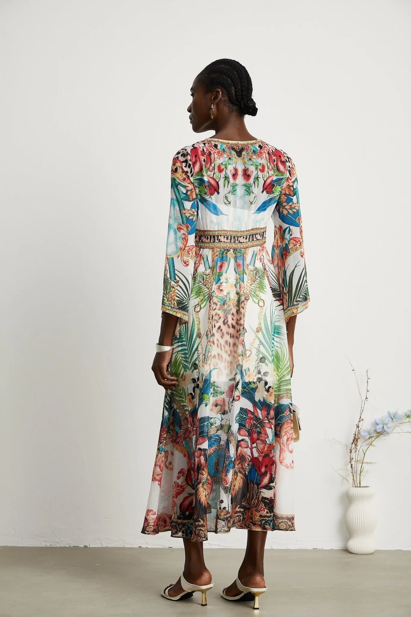 Camilla Midi Dress - Long Sleeves - Deep V - Neckline - All - over Graphic - Crystal Embellishment