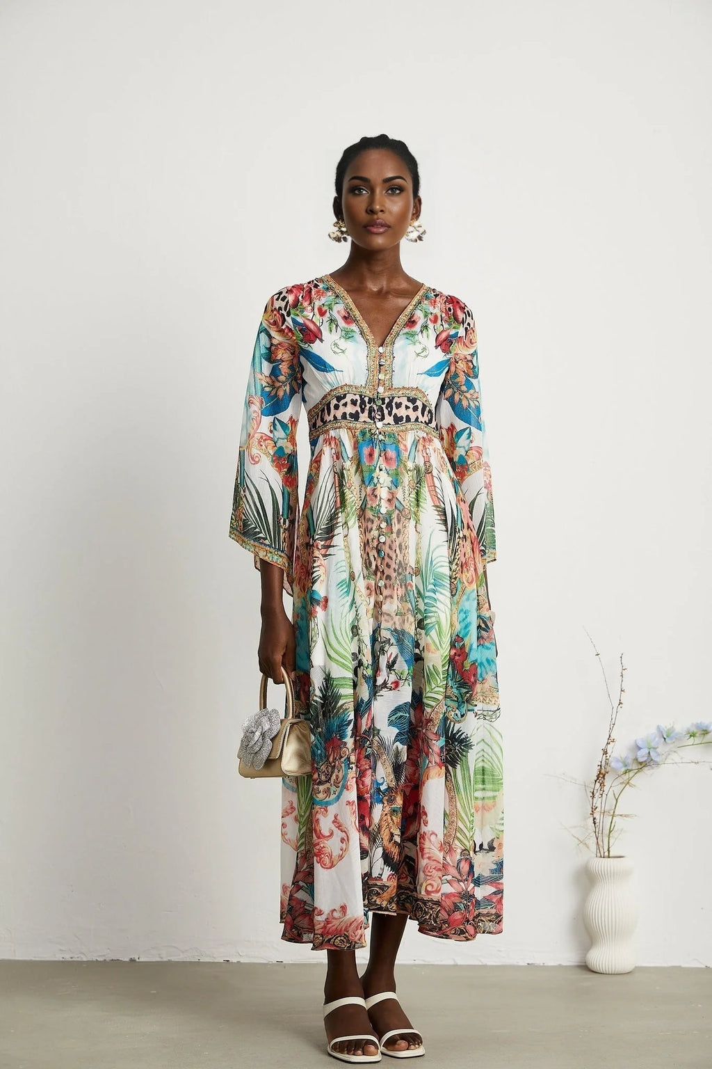 Camilla Midi Dress - Long Sleeves - Deep V - Neckline - All - over Graphic - Crystal Embellishment