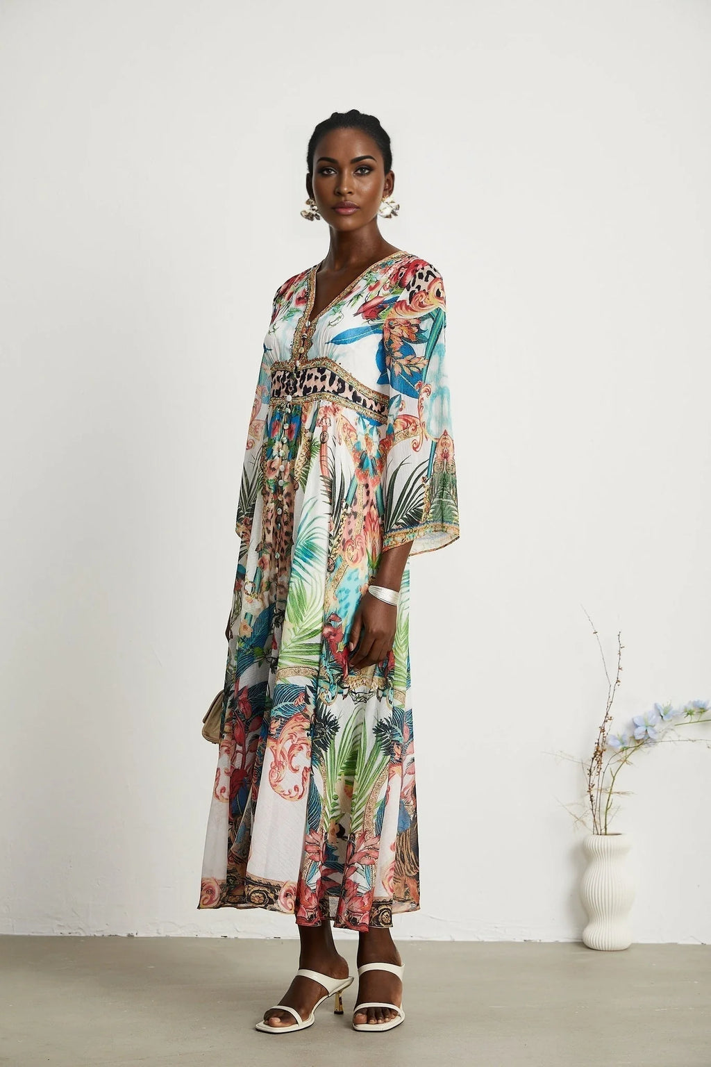 Camilla Midi Dress - Long Sleeves - Deep V - Neckline - All - over Graphic - Crystal Embellishment