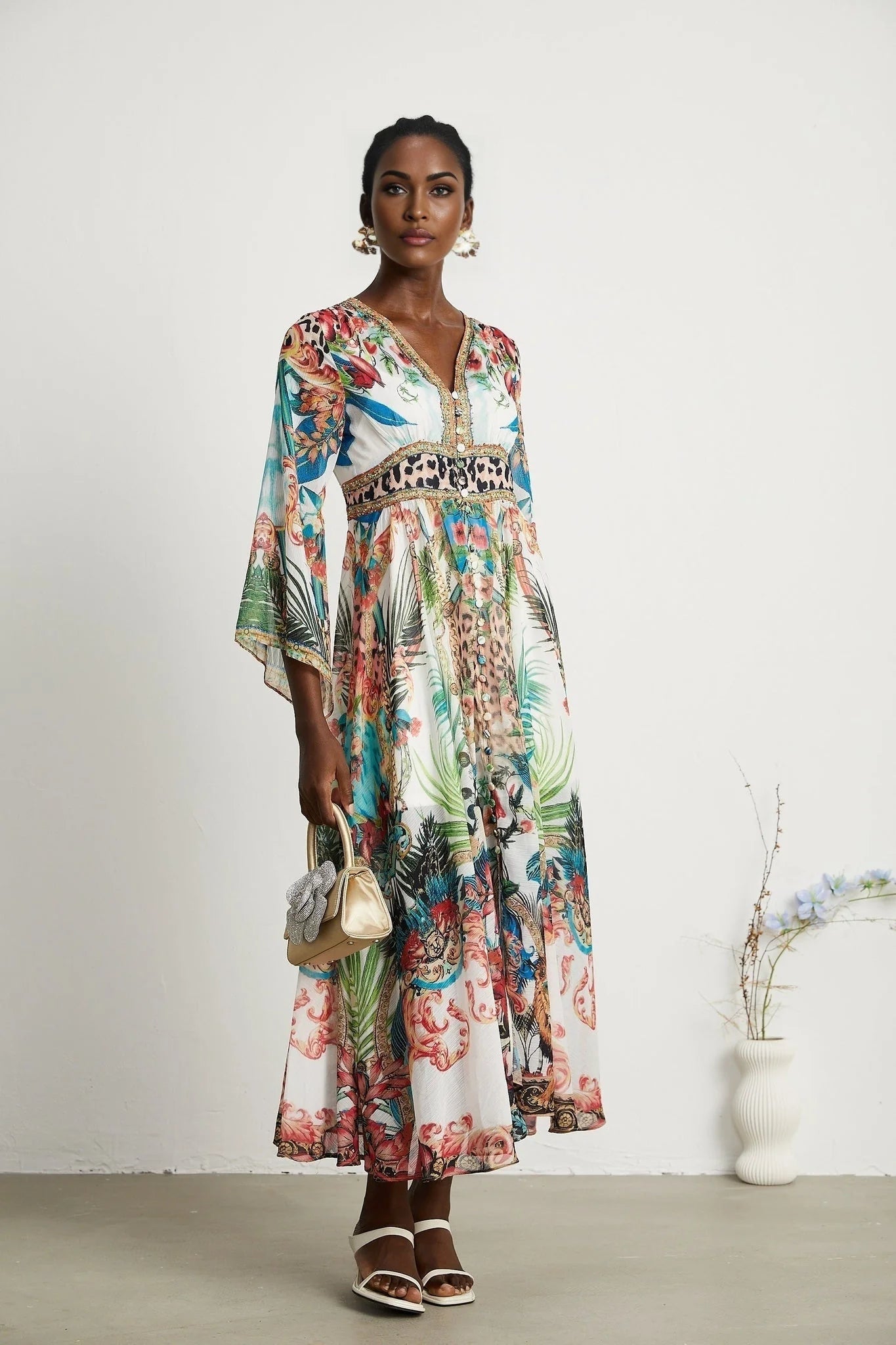 Camilla Midi Dress - Long Sleeves - Deep V - Neckline - All - over Graphic - Crystal Embellishment