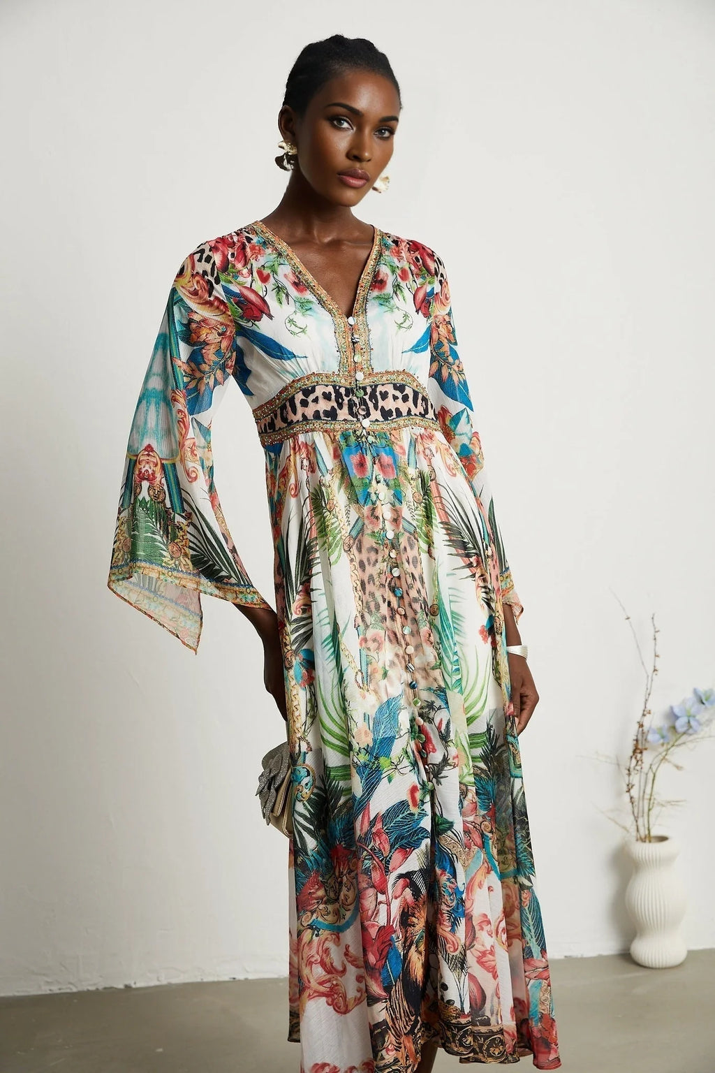 Camilla Midi Dress - Long Sleeves - Deep V - Neckline - All - over Graphic - Crystal Embellishment