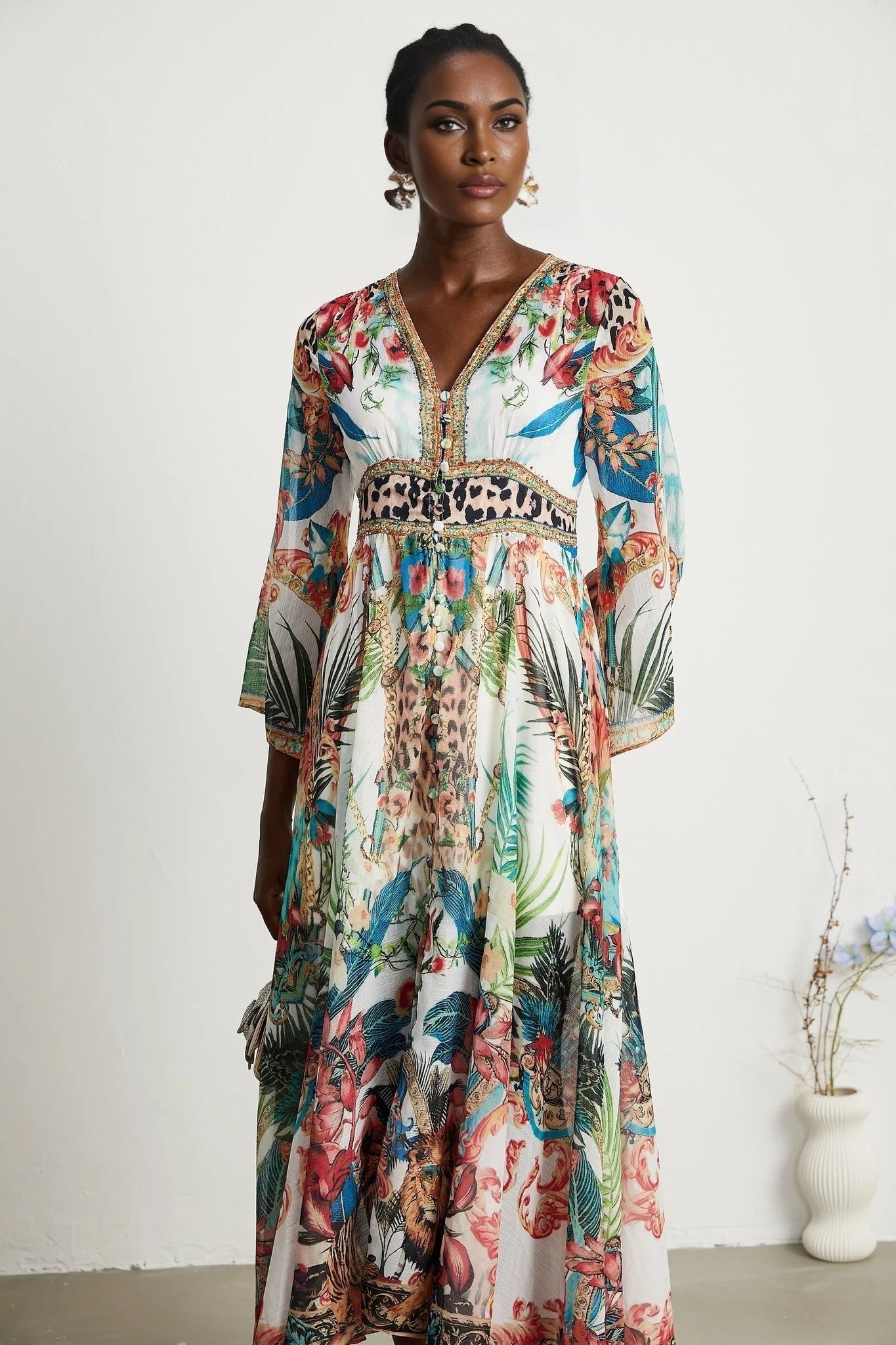 Camilla Midi Dress - Long Sleeves - Deep V - Neckline - All - over Graphic - Crystal Embellishment