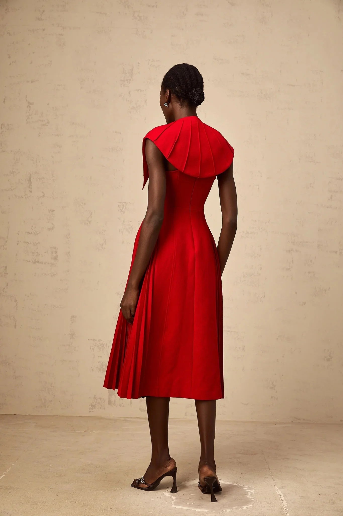 Camilla Midi Dress Red Pleated Cape & Spaghetti Straps