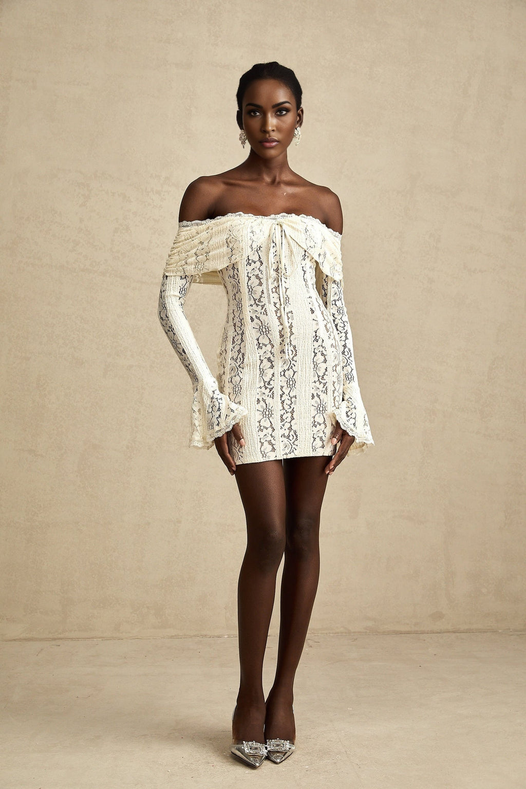 Camilla Mini Dress – Long Sleeves – Off the Shoulder – Floral Lace