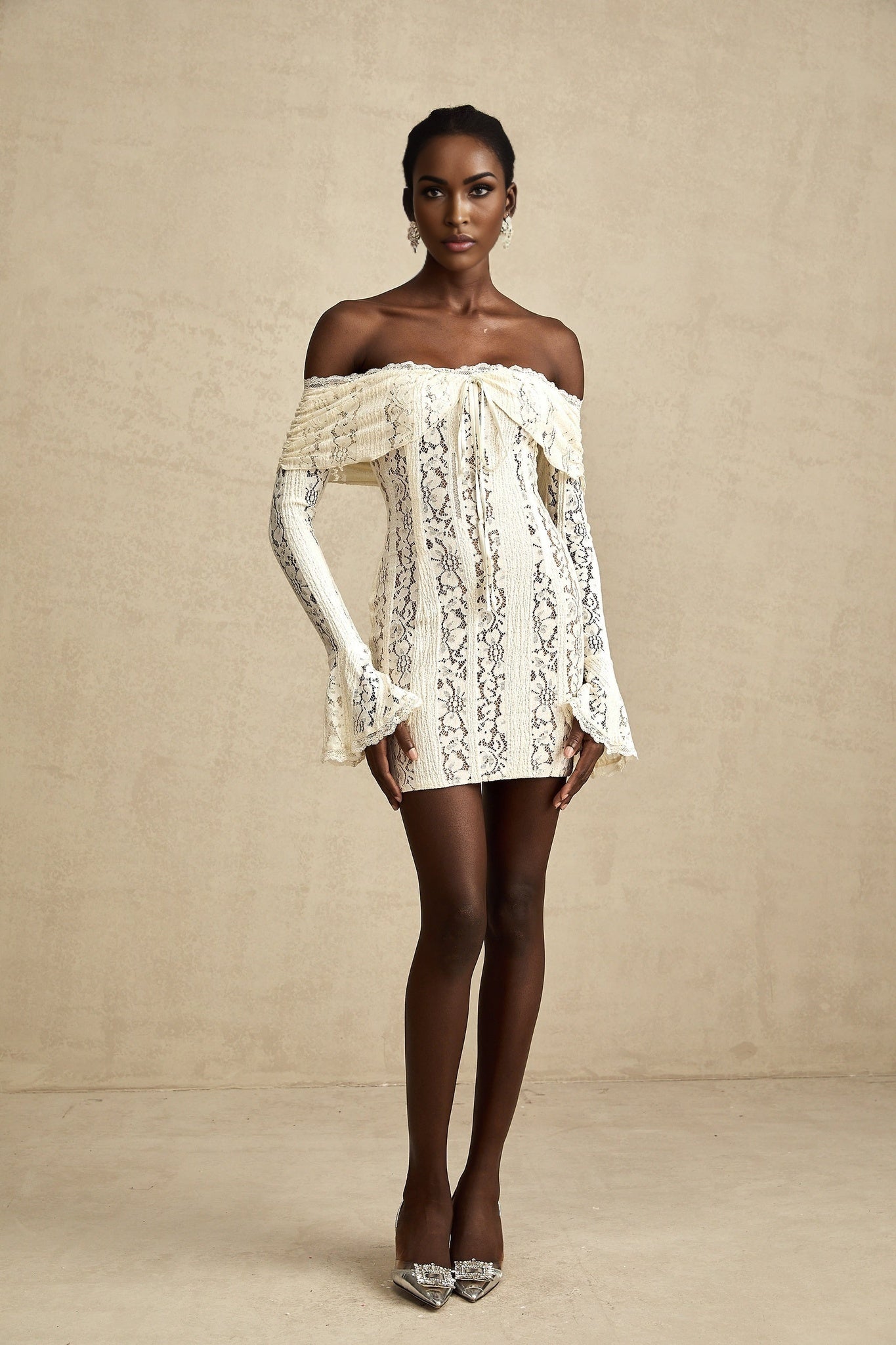 Camilla Mini Dress – Long Sleeves – Off the Shoulder – Floral Lace