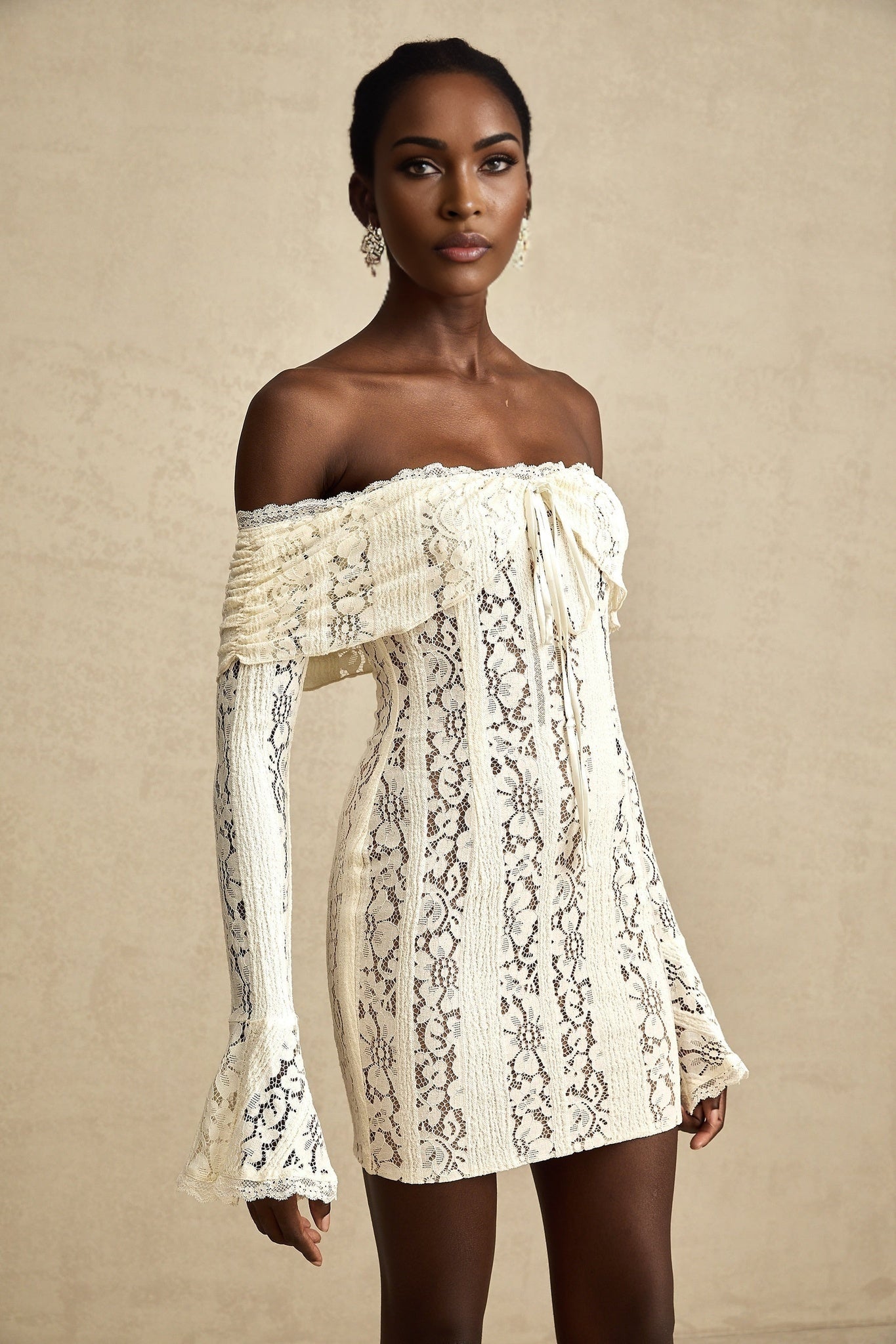Camilla Mini Dress – Long Sleeves – Off the Shoulder – Floral Lace