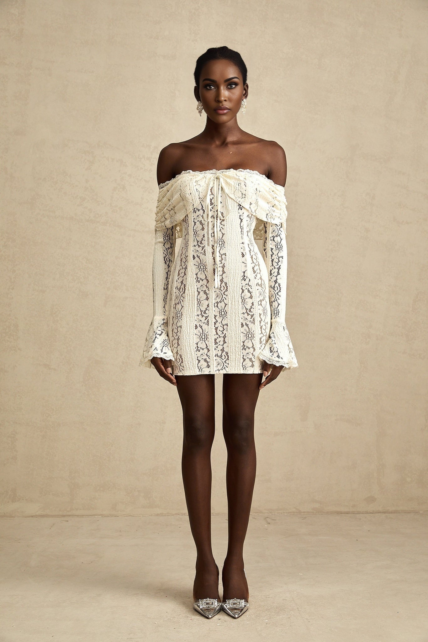 Camilla Mini Dress – Long Sleeves – Off the Shoulder – Floral Lace