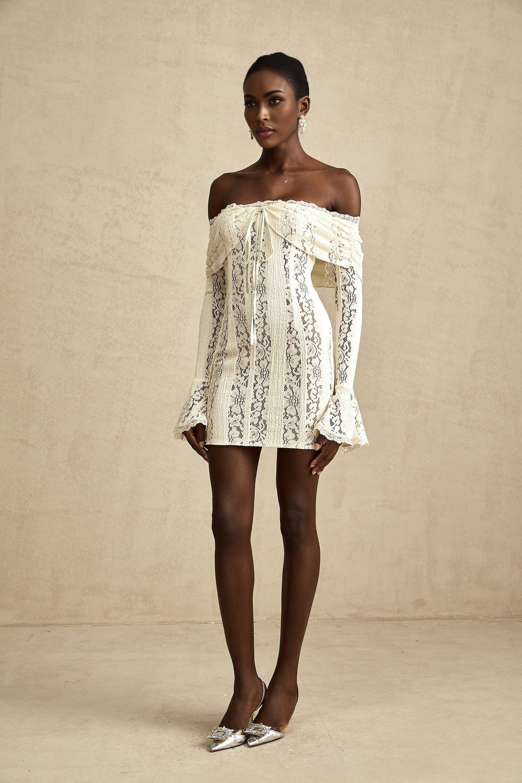Camilla Mini Dress – Long Sleeves – Off the Shoulder – Floral Lace