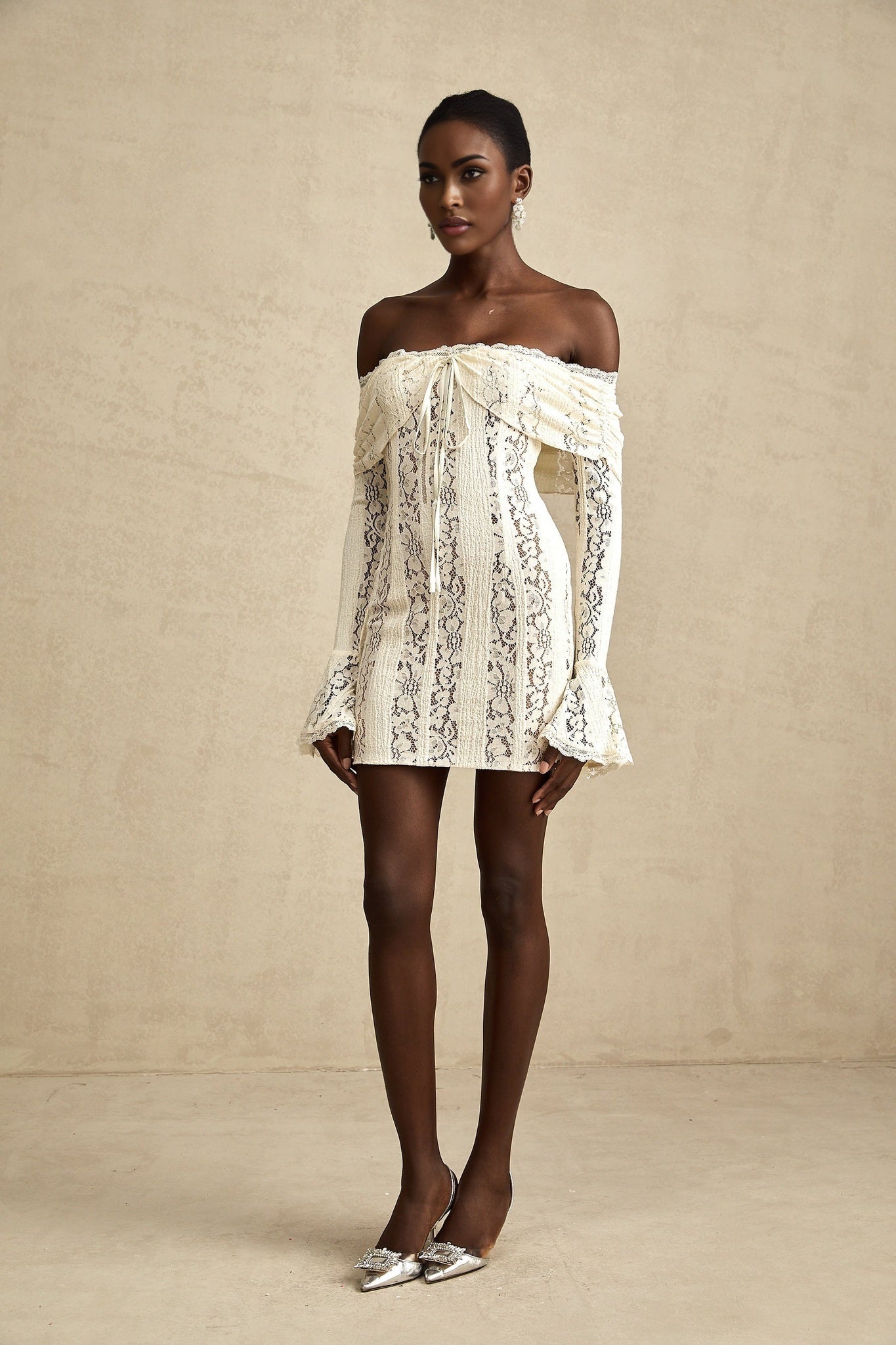 Camilla Mini Dress – Long Sleeves – Off the Shoulder – Floral Lace