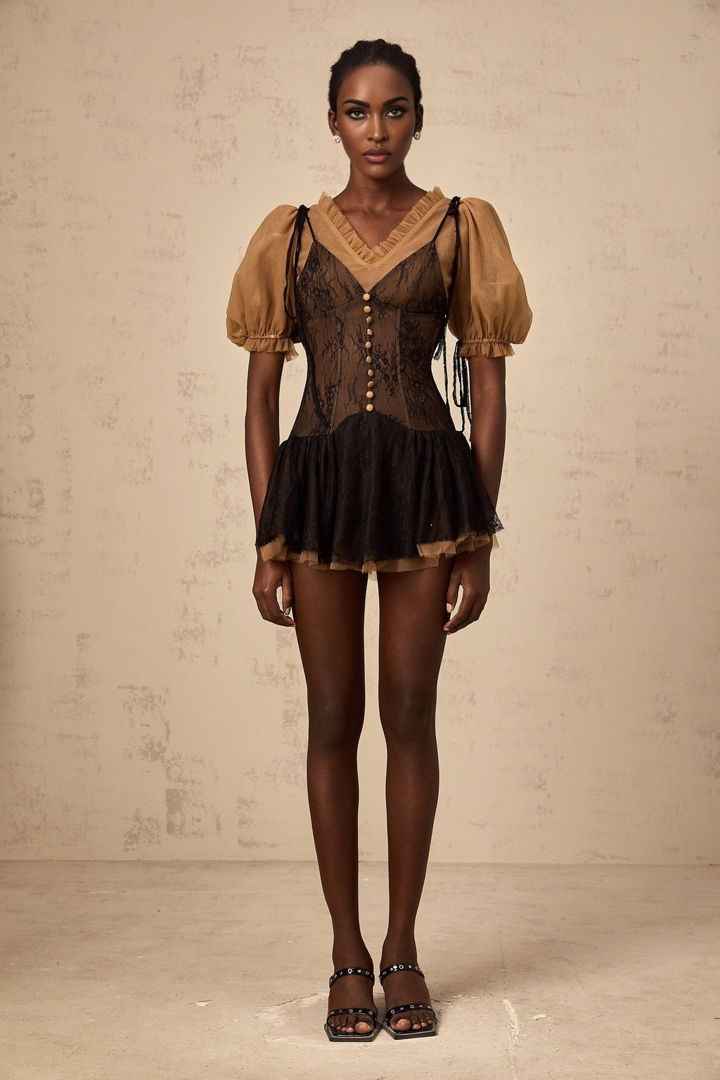 Camilla Mini Dress - V - neck - Short puff sleeves - Self - tie & Boned Bodice - Ruffled & Pleated Details