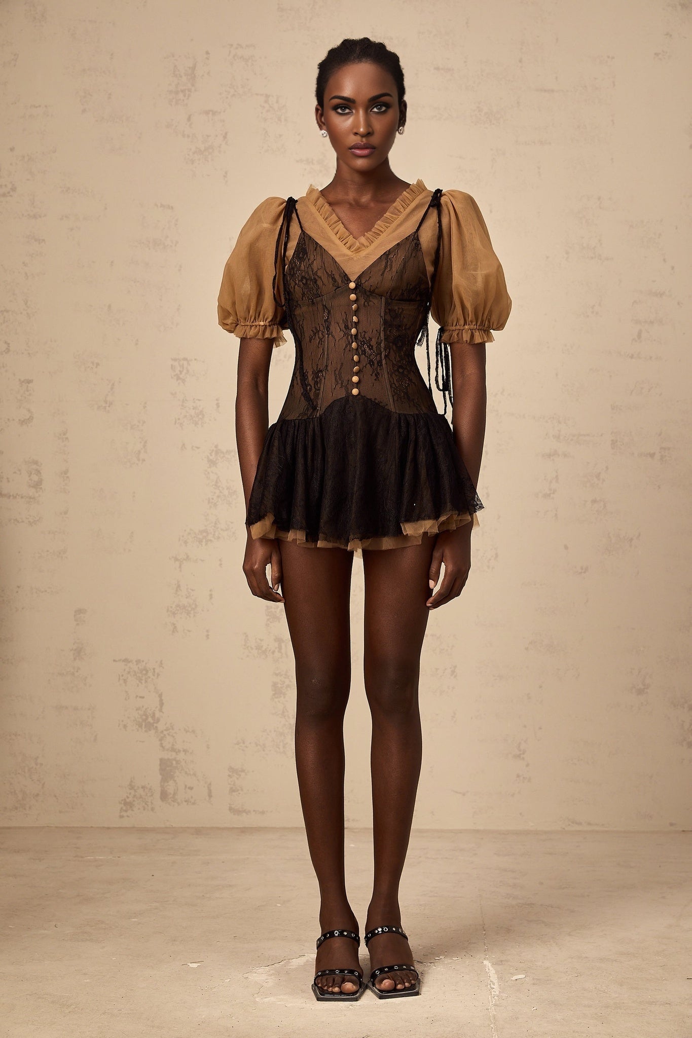 Camilla Mini Dress - V - neck - Short puff sleeves - Self - tie & Boned Bodice - Ruffled & Pleated Details