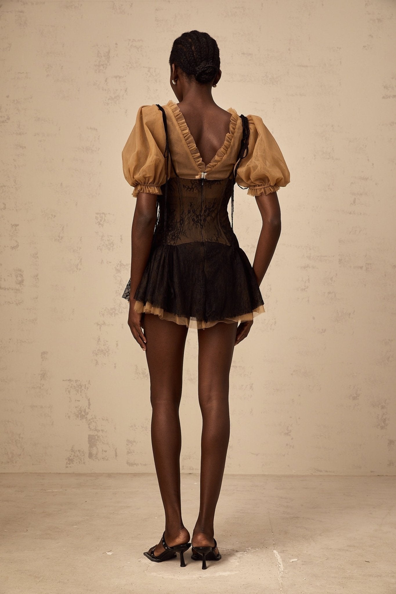 Camilla Mini Dress - V - neck - Short puff sleeves - Self - tie & Boned Bodice - Ruffled & Pleated Details