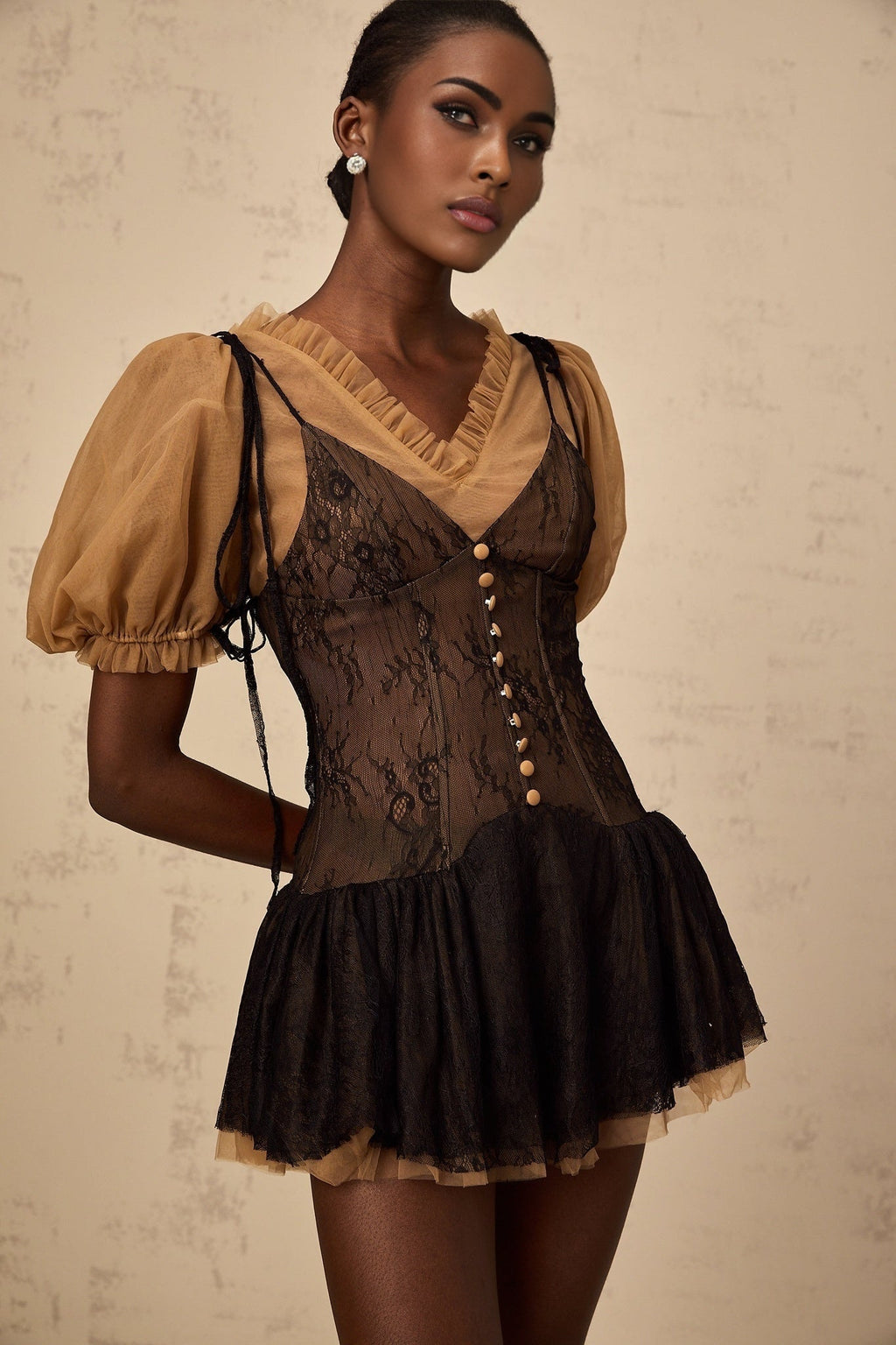 Camilla Mini Dress - V - neck - Short puff sleeves - Self - tie & Boned Bodice - Ruffled & Pleated Details