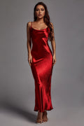 Camilla Red Metallic Dress Spaghetti Strap Scoop Neckline Elegant Sophisticated Formal Special Occasion
