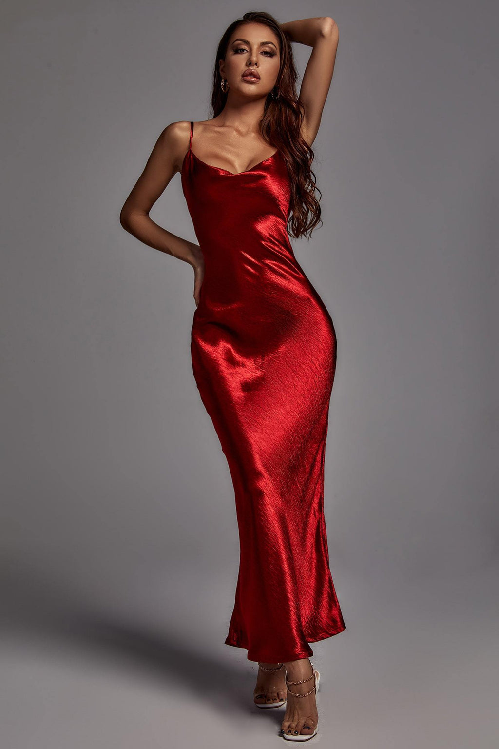 Camilla Red Metallic Dress Spaghetti Strap Scoop Neckline Elegant Sophisticated Formal Special Occasion Luxury Fabric Draping