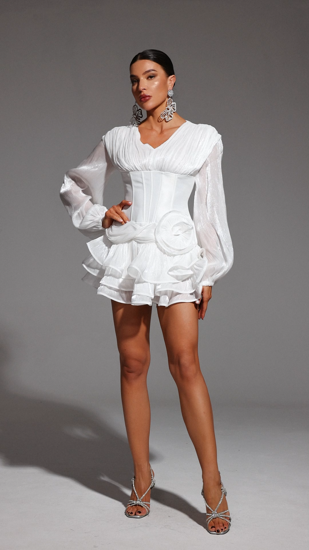 Camilla White V-Neckline Long Sleeve Flounce Detail Mini Dress