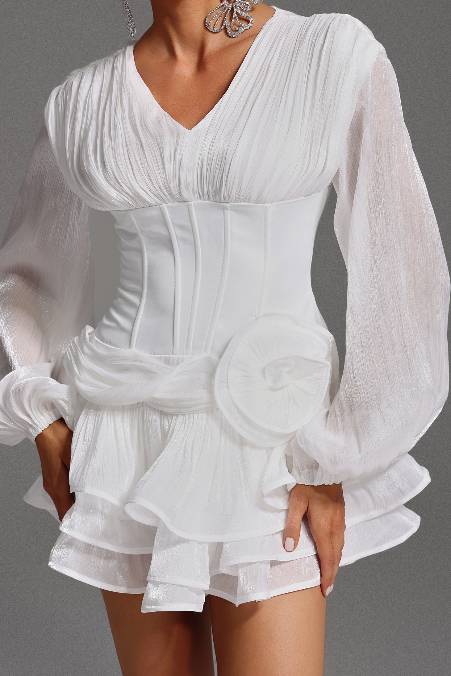 Camilla White Flounce Detail V-Neckline Mini Dress