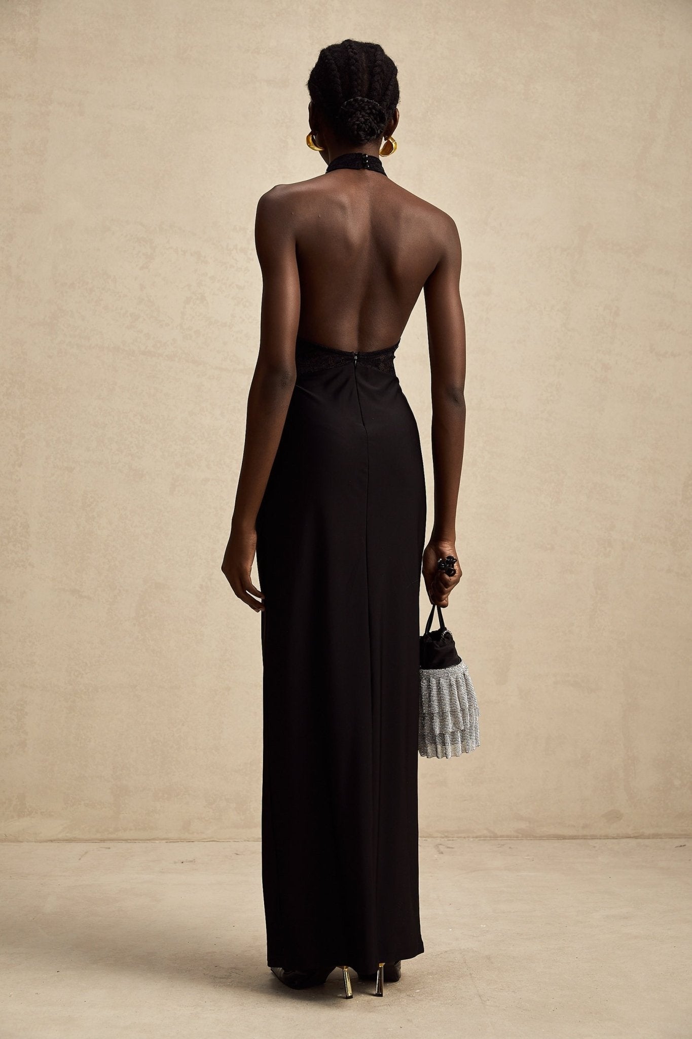 Camille Maxi Dress - Sleeveless - Halterneck - Open Back - Floral Lace Ruffle PanelHalter Maxi Dress - Lace Bodice - Open Back - Panel Design - Ruched Waist