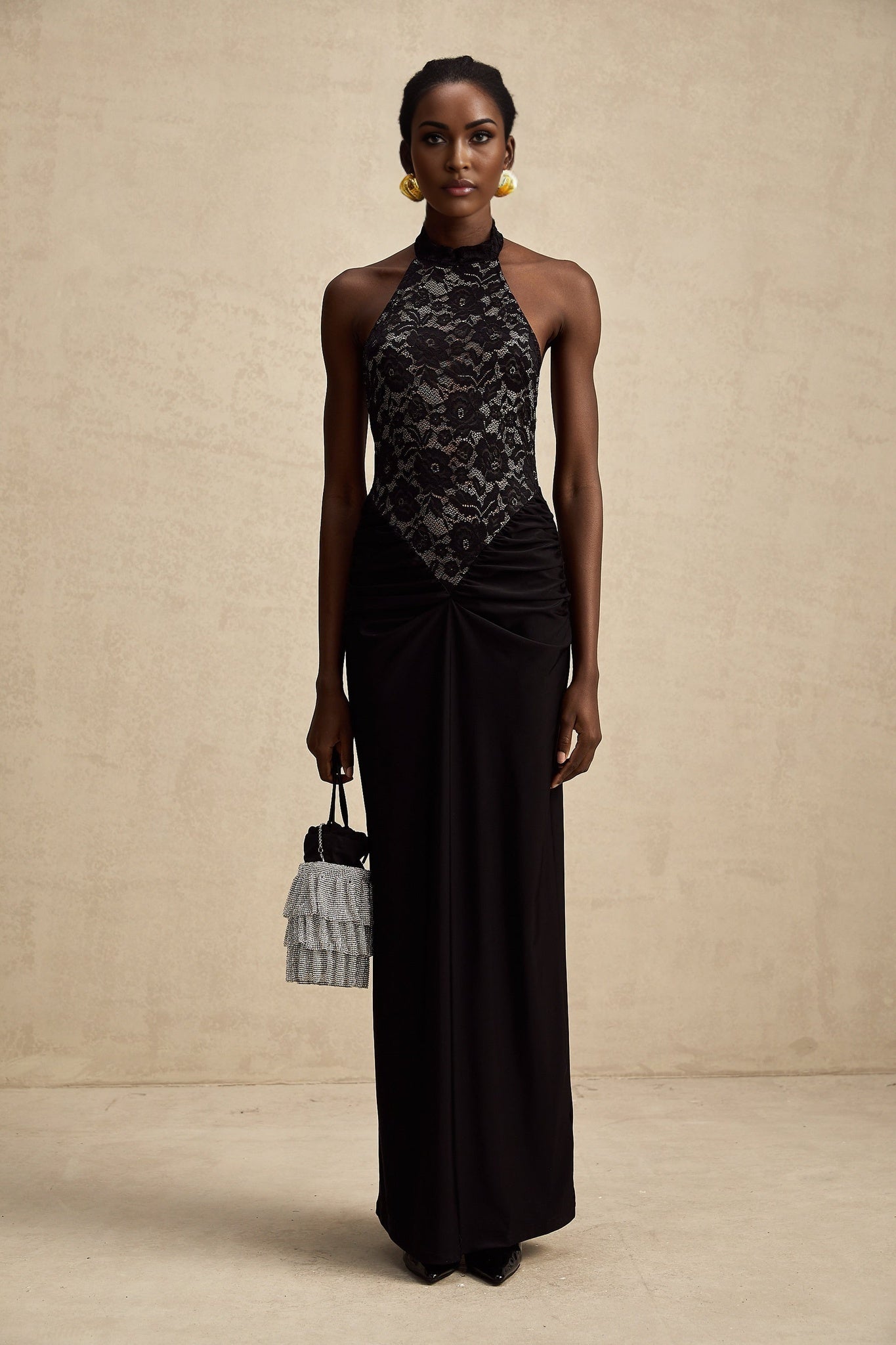 Camille Maxi Dress - Sleeveless - Halterneck - Open Back - Floral Lace Ruffle PanelHalter Maxi Dress - Lace Bodice - Open Back - Panel Design - Ruched Waist