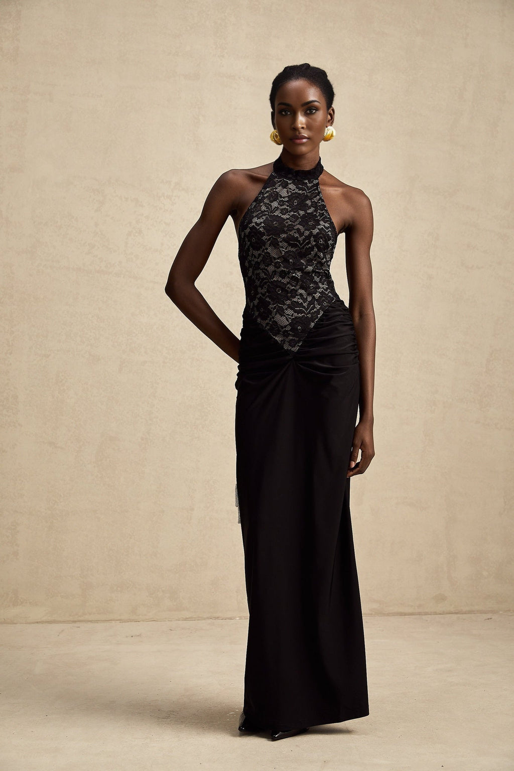 Camille Maxi Dress - Sleeveless - Halterneck - Open Back - Floral Lace Ruffle PanelHalter Maxi Dress - Lace Bodice - Open Back - Panel Design - Ruched Waist
