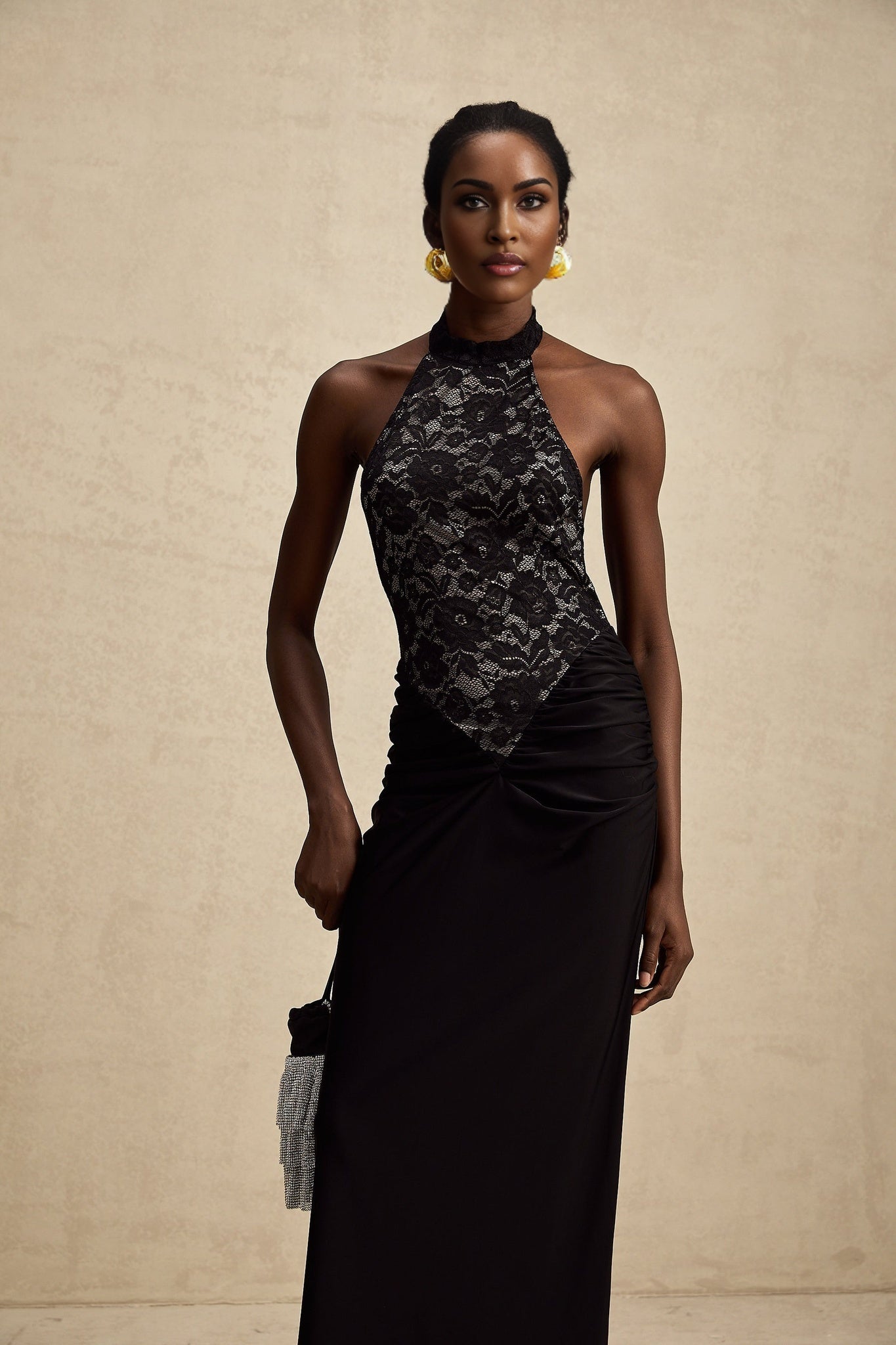 Camille Maxi Dress - Sleeveless - Halterneck - Open Back - Floral Lace Ruffle PanelHalter Maxi Dress - Lace Bodice - Open Back - Panel Design - Ruched Waist