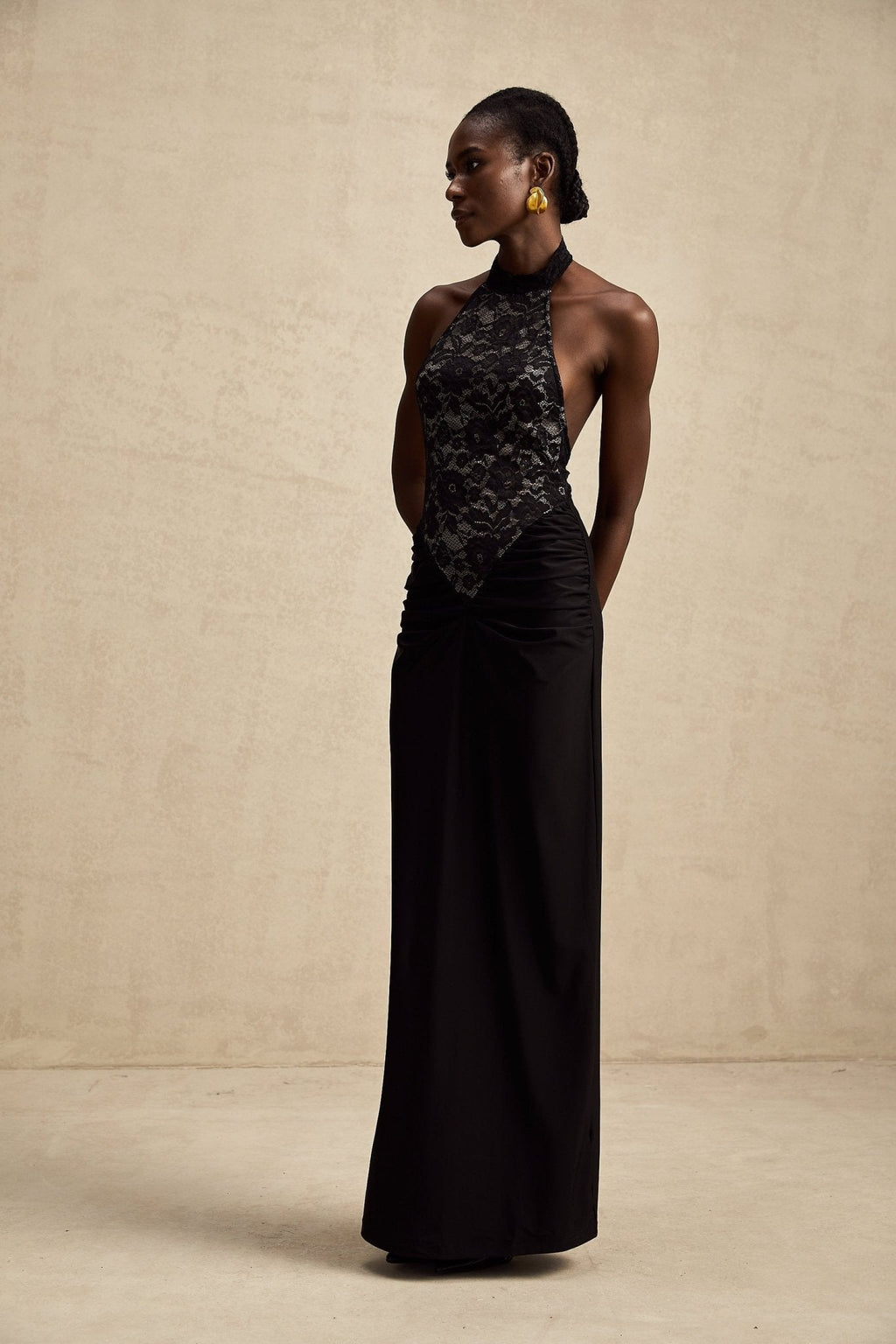 Camille Maxi Dress - Sleeveless - Halterneck - Open Back - Floral Lace Ruffle PanelHalter Maxi Dress - Lace Bodice - Open Back - Panel Design - Ruched Waist