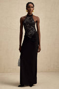 Camille Maxi Dress - Sleeveless - Halterneck - Open Back - Floral Lace Ruffle PanelHalter Maxi Dress - Lace Bodice - Open Back - Panel Design - Ruched Waist