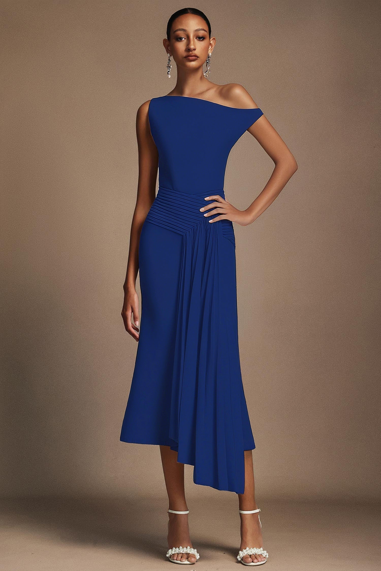Camryn Blue Oblique Shoulder Pleated Midi Dress for Formal Events or Night Out