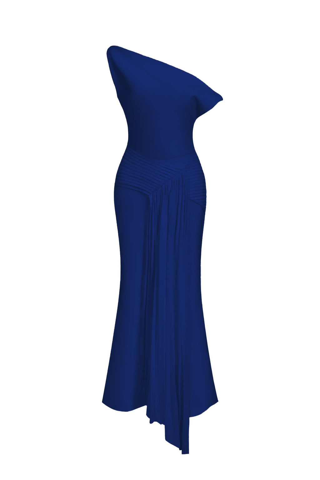 Camryn Blue Oblique Shoulder Pleated Midi Dress for Formal Events or Night Out