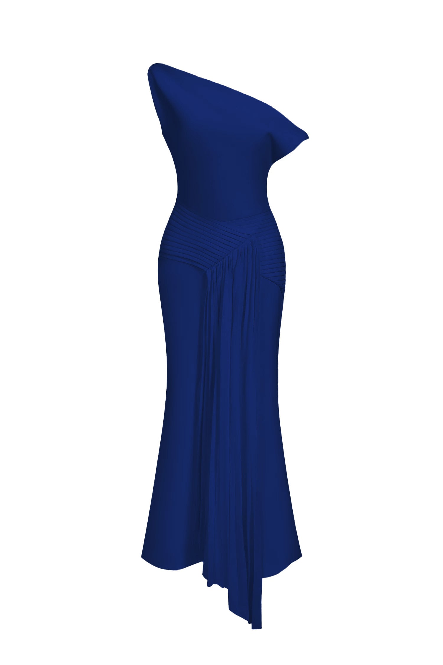 Camryn Blue Oblique Shoulder Pleated Midi Dress for Formal Events or Night Out
