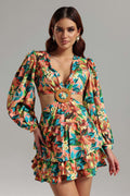 Camryn Multicolor Floral Cut-Out Dress Plunging Neckline Ruffles Statement Ring