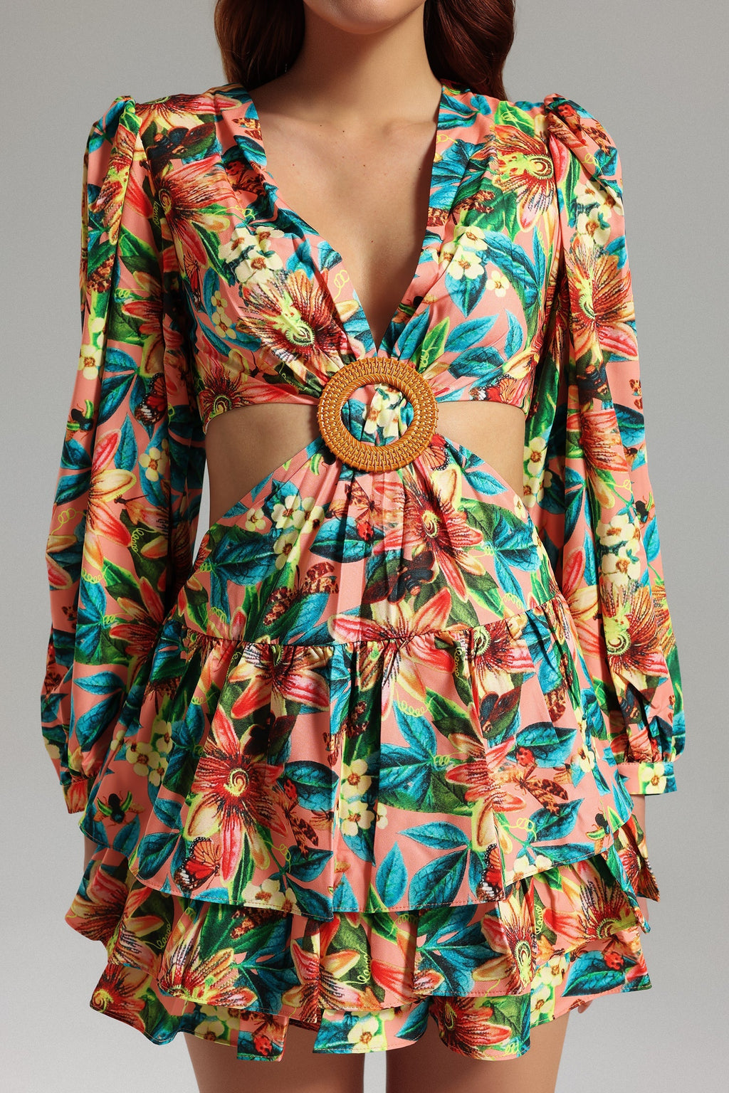 Camryn Multicolor Floral Print Cut-Out Dress with Plunging Neckline and Ruffles