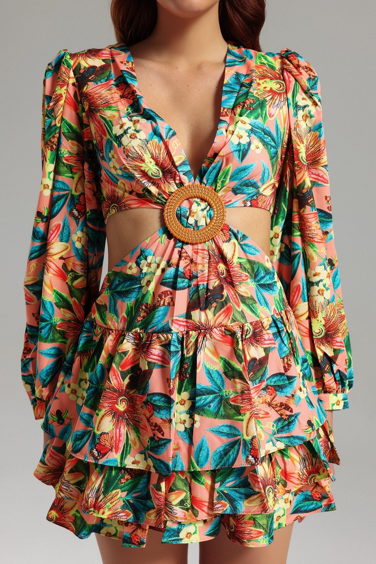 Camryn Multicolor Floral Print Cut-Out Dress with Plunging Neckline and Ruffles