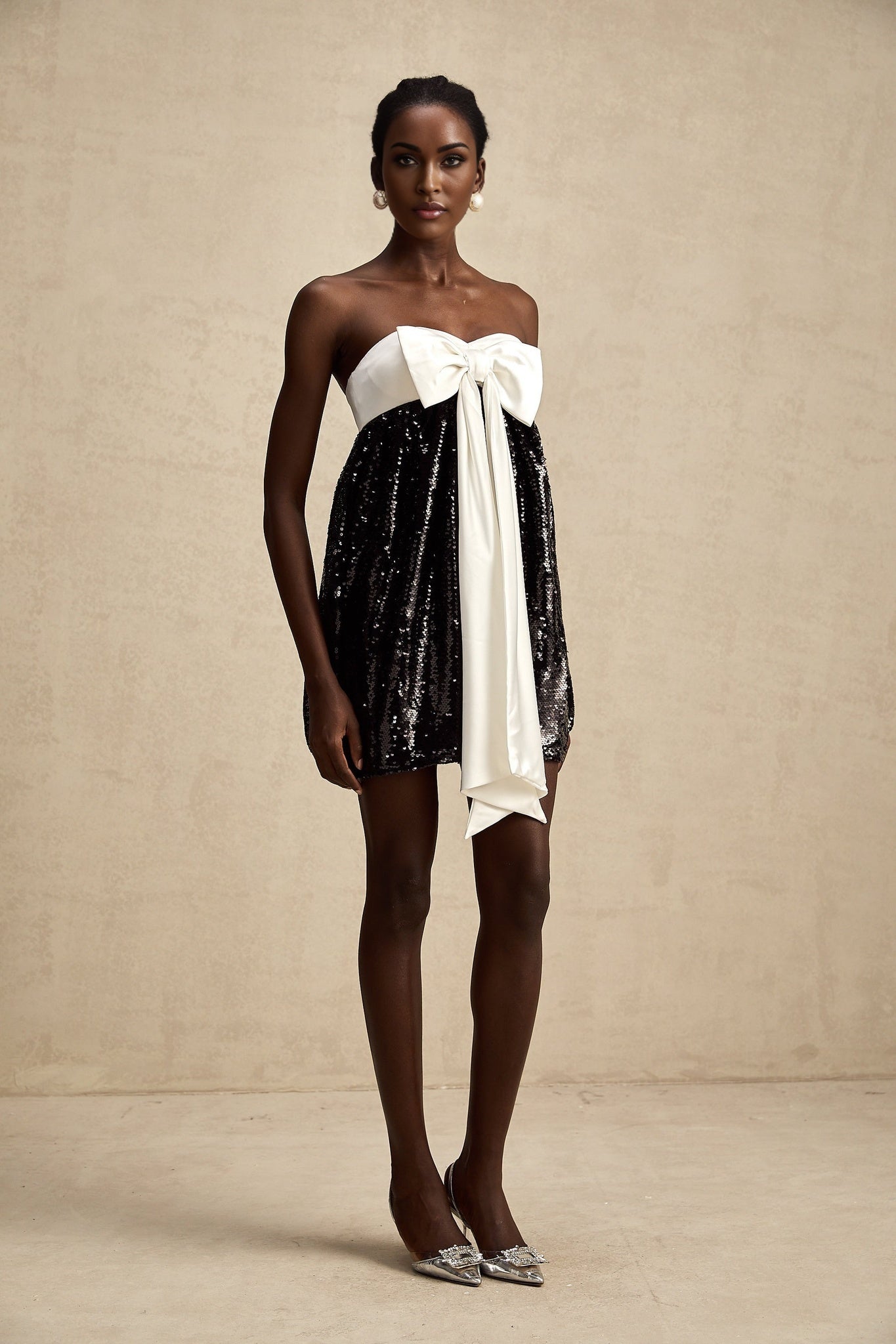 Candice Sequin Mini Dress - Strapless - Statement Bow - Color Block - Zip Back
