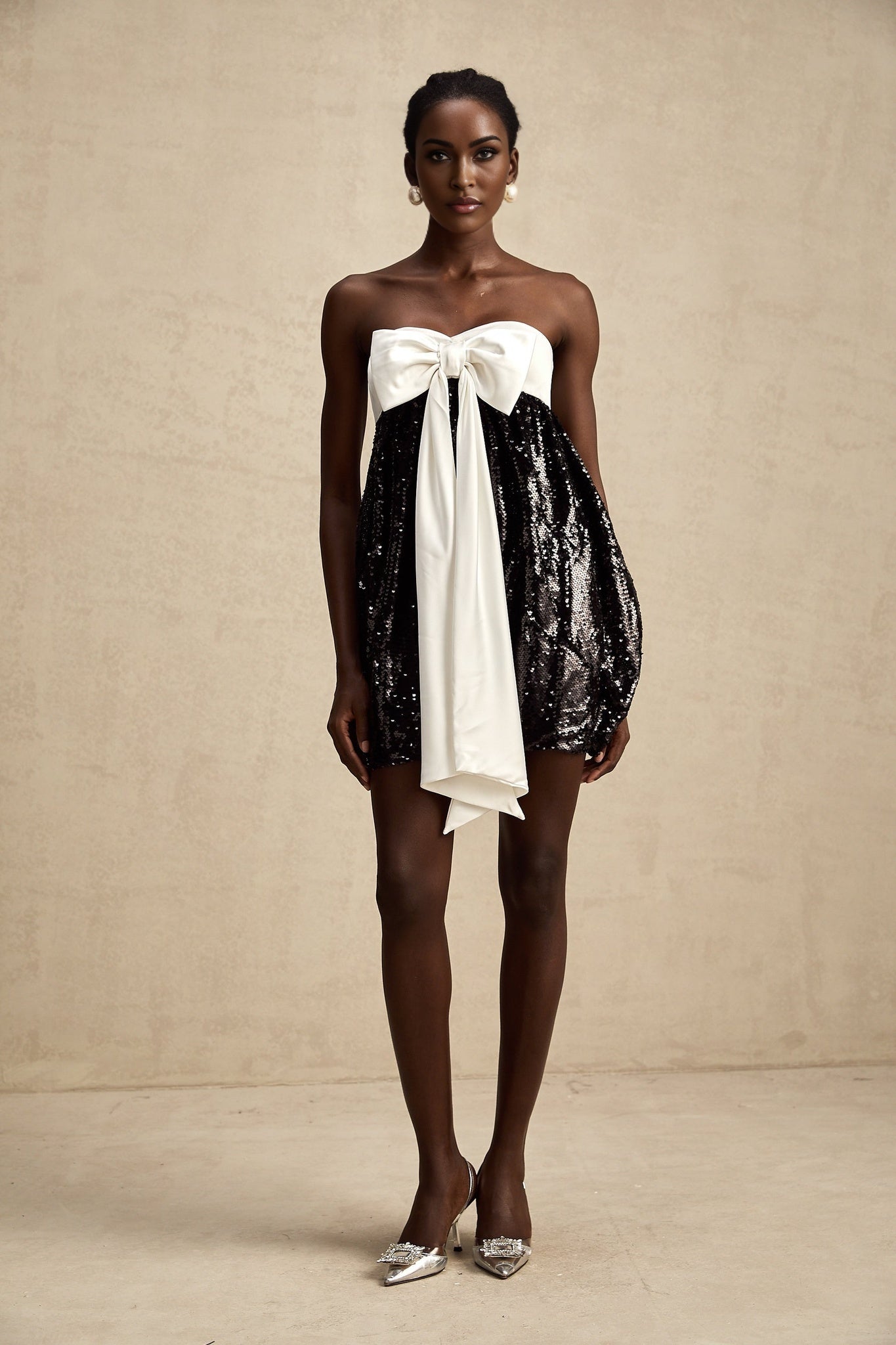 Candice Sequin Mini Dress - Strapless - Statement Bow - Color Block - Zip Back
