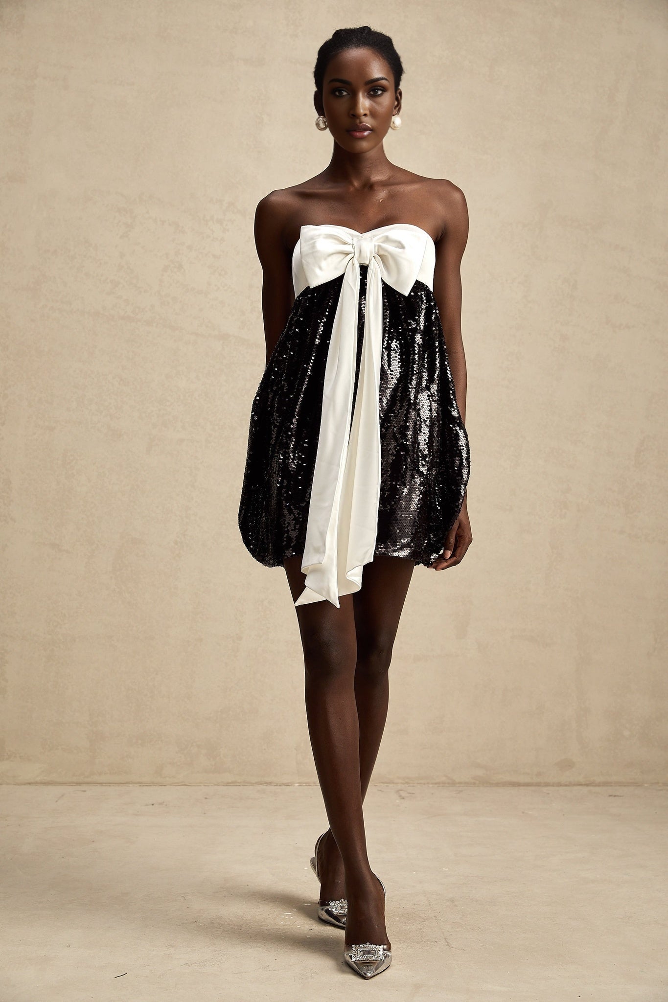 Candice Sequin Mini Dress - Strapless - Statement Bow - Color Block - Zip Back