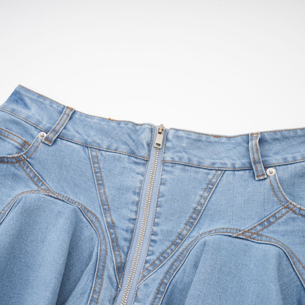 Capucine Denim Flared Skirt - Eye - Catching Frilled Hem - Allover Pleats And Ruffles - Zipper Closure - Functional Pockets
