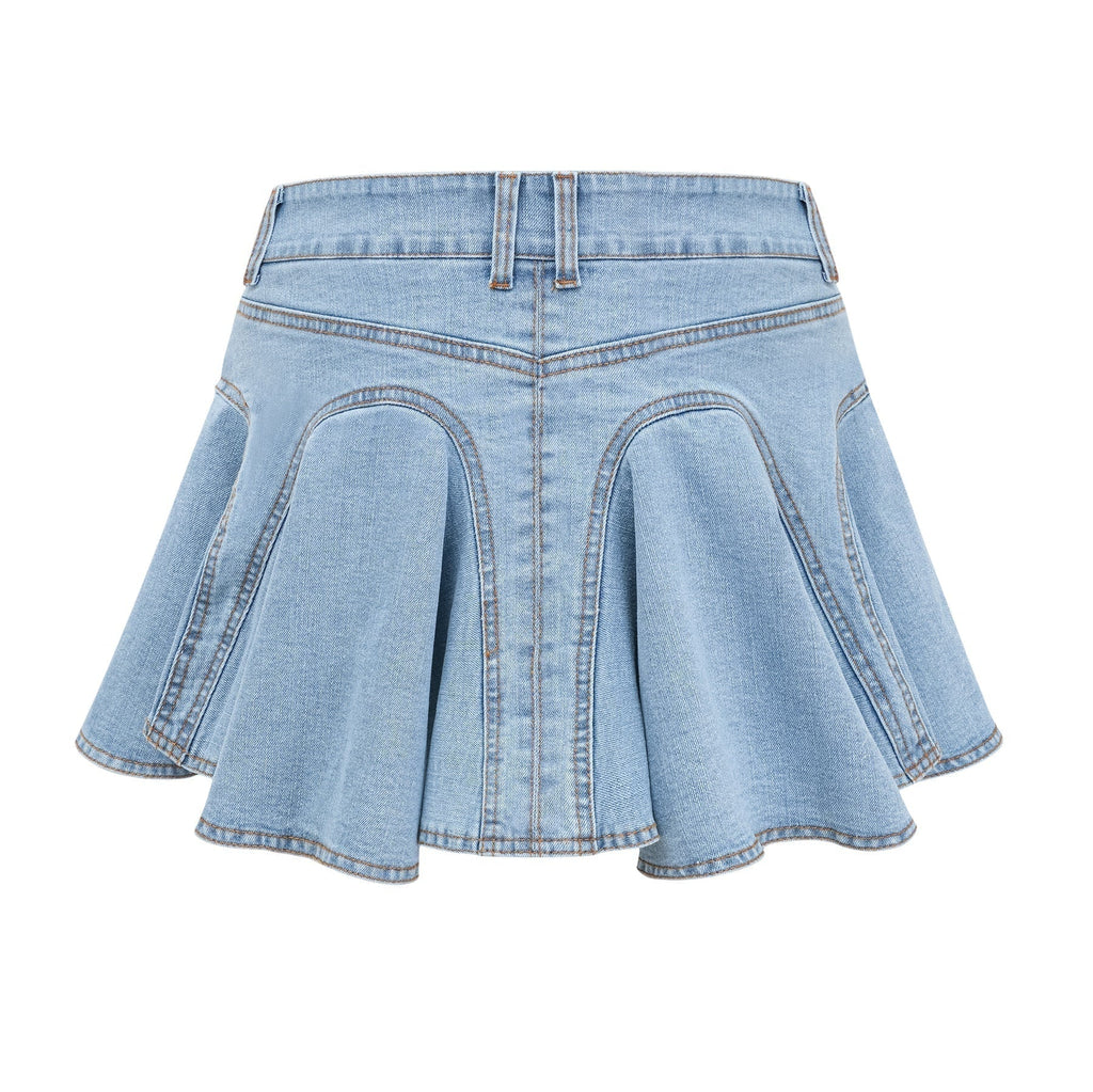 Capucine Denim Flared Skirt - Eye - Catching Frilled Hem - Allover Pleats And Ruffles - Zipper Closure - Functional Pockets