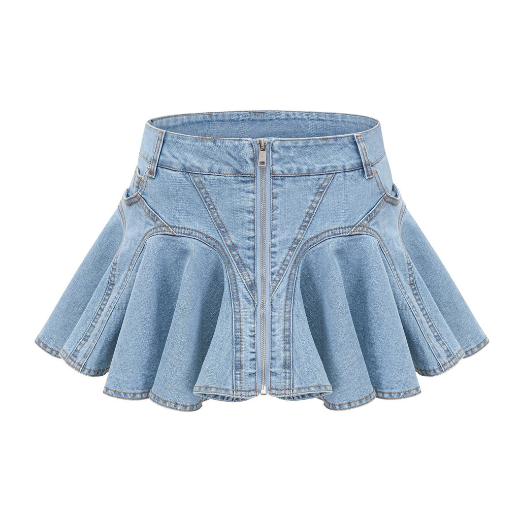 Capucine Denim Flared Skirt - Eye - Catching Frilled Hem - Allover Pleats And Ruffles - Zipper Closure - Functional Pockets