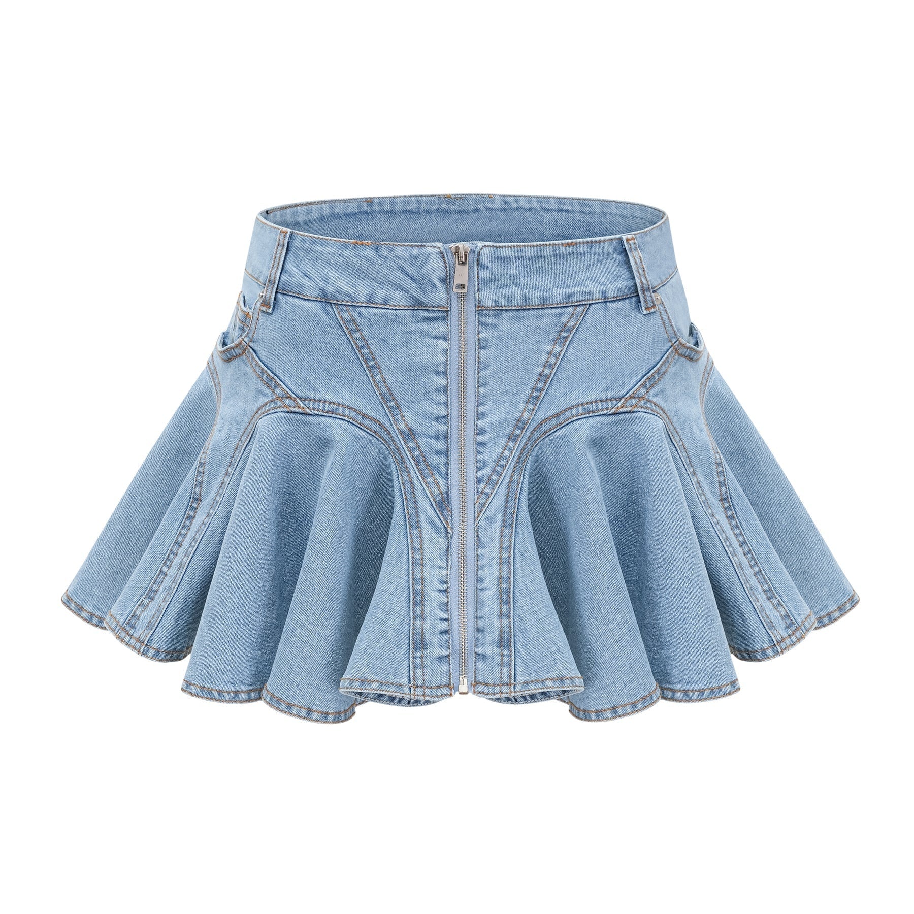Capucine Denim Flared Skirt - Eye - Catching Frilled Hem - Allover Pleats And Ruffles - Zipper Closure - Functional Pockets
