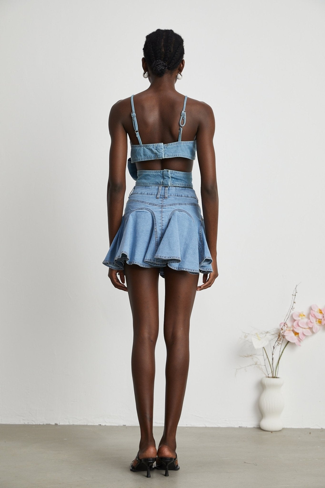 Capucine Denim Flared Skirt - Eye - Catching Frilled Hem - Allover Pleats And Ruffles - Zipper Closure - Functional Pockets