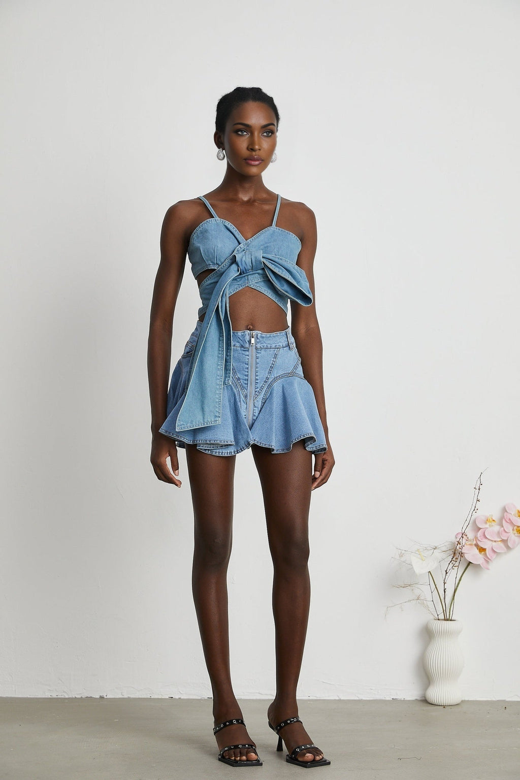 Capucine Denim Flared Skirt - Eye - Catching Frilled Hem - Allover Pleats And Ruffles - Zipper Closure - Functional Pockets
