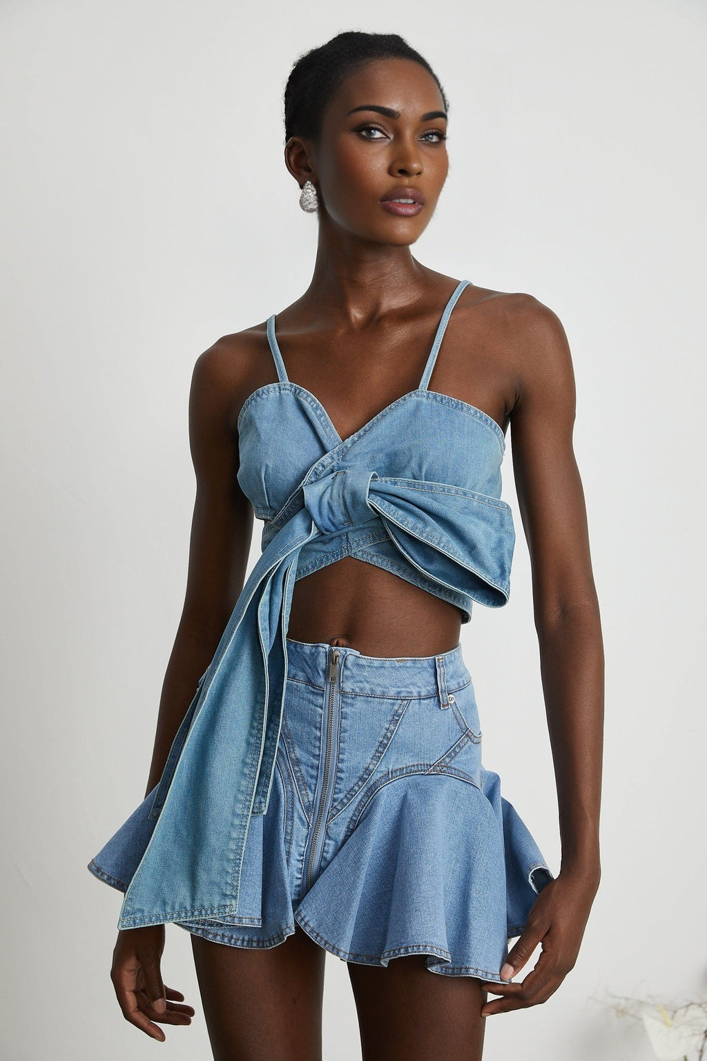 Capucine Denim Flared Skirt - Eye - Catching Frilled Hem - Allover Pleats And Ruffles - Zipper Closure - Functional Pockets