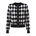 Cardigan - Classic Silhouette - Harlequin Pattern - Bold Contrast - Relaxed Fit - Gold Button Accents