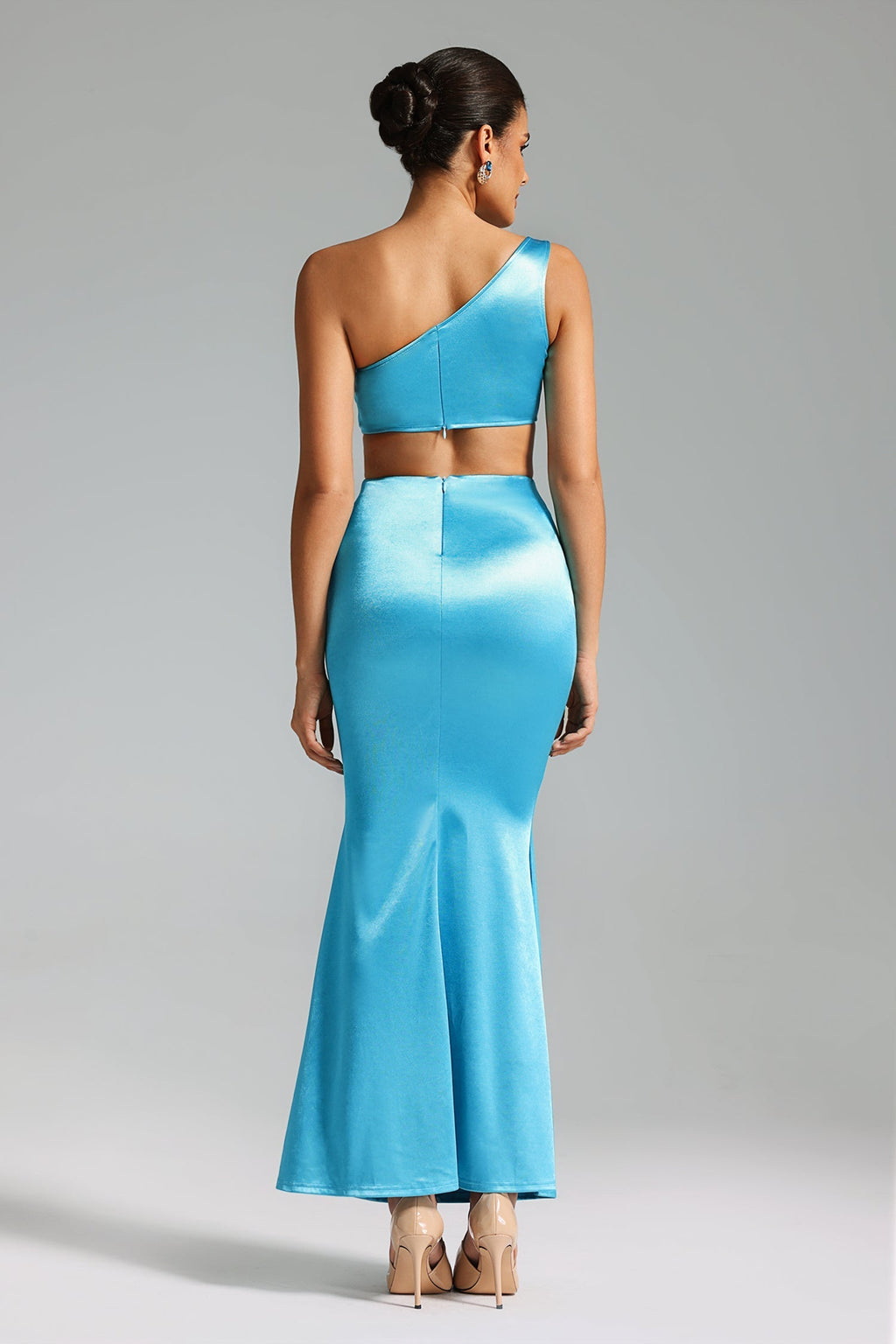 Carla Blue One Shoulder Cutout Waist Embellished Maxi Dress