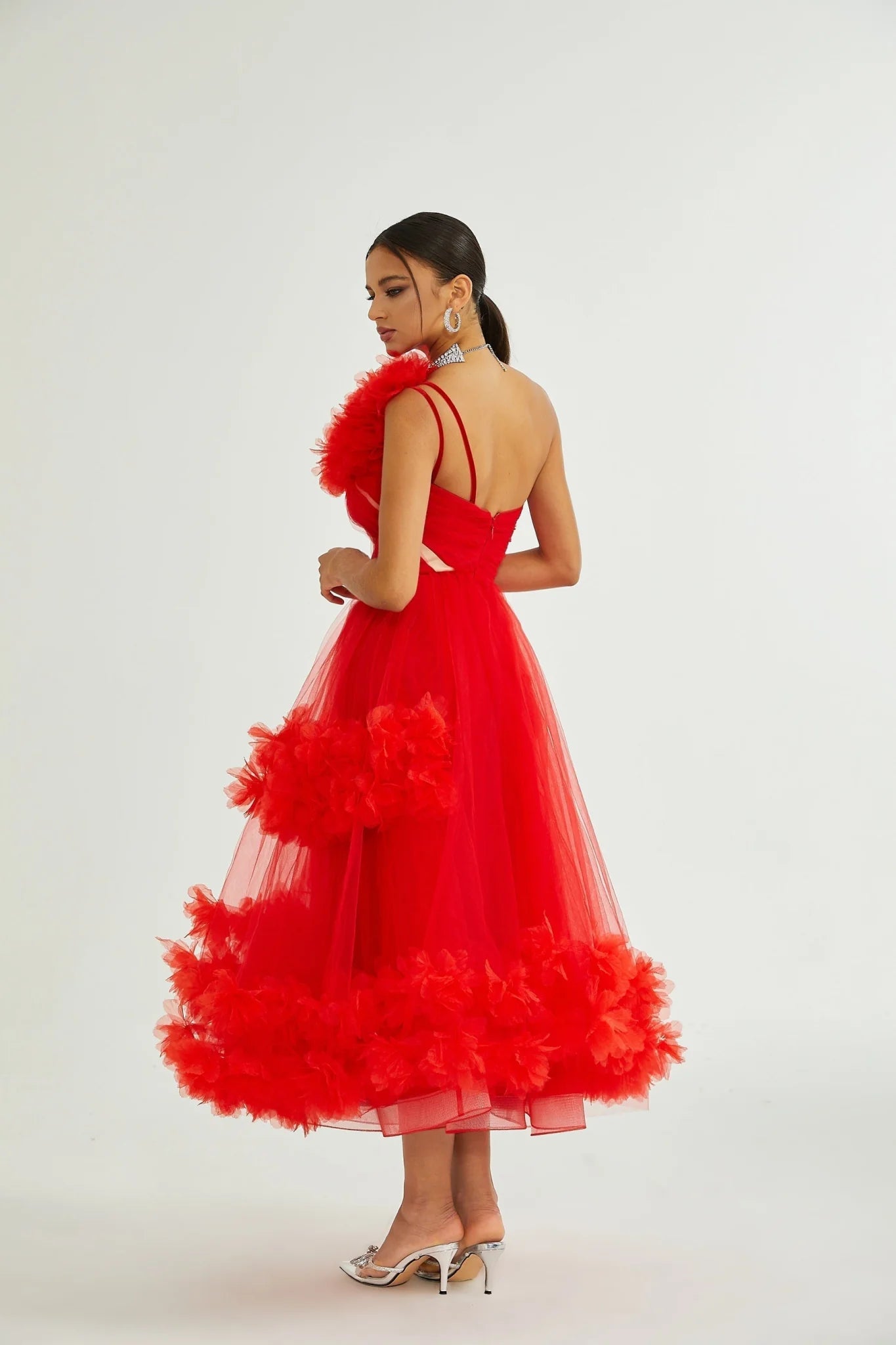Carla Midi Dress - Mono Shoulder - Tulle Panels - Gathered Detailing - Faux Flower Detailing - Rear Zip Fastening