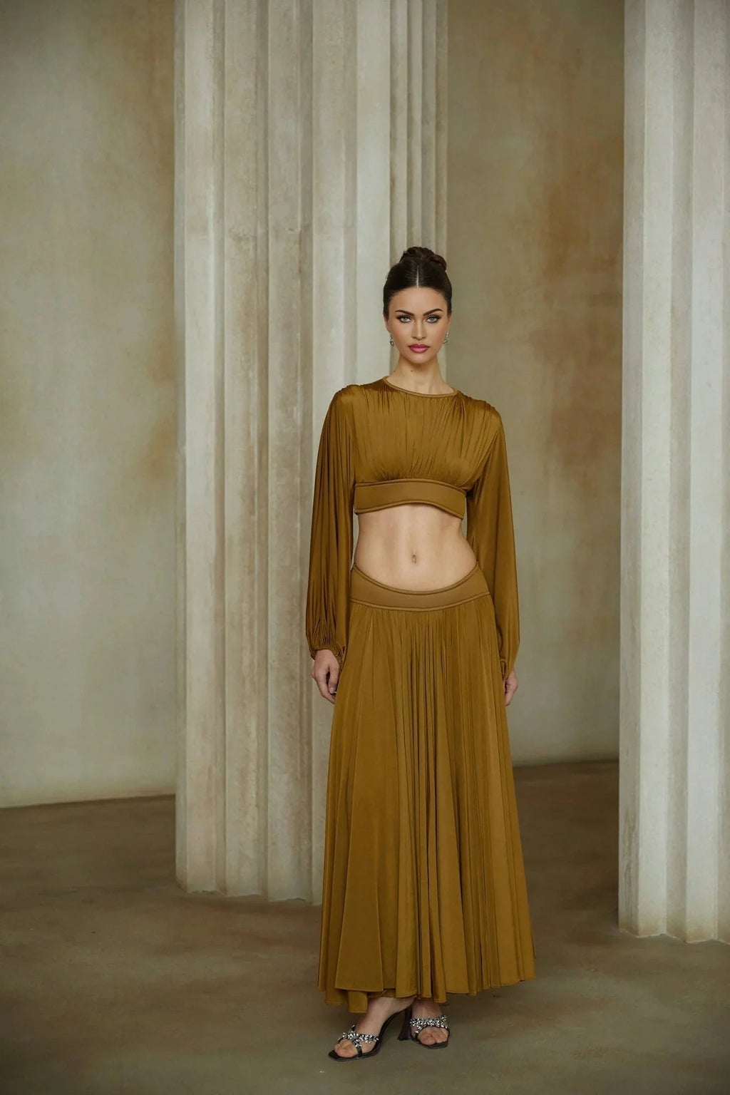 Carlotta Blouse & Skirt Set Green Pleated Maxi