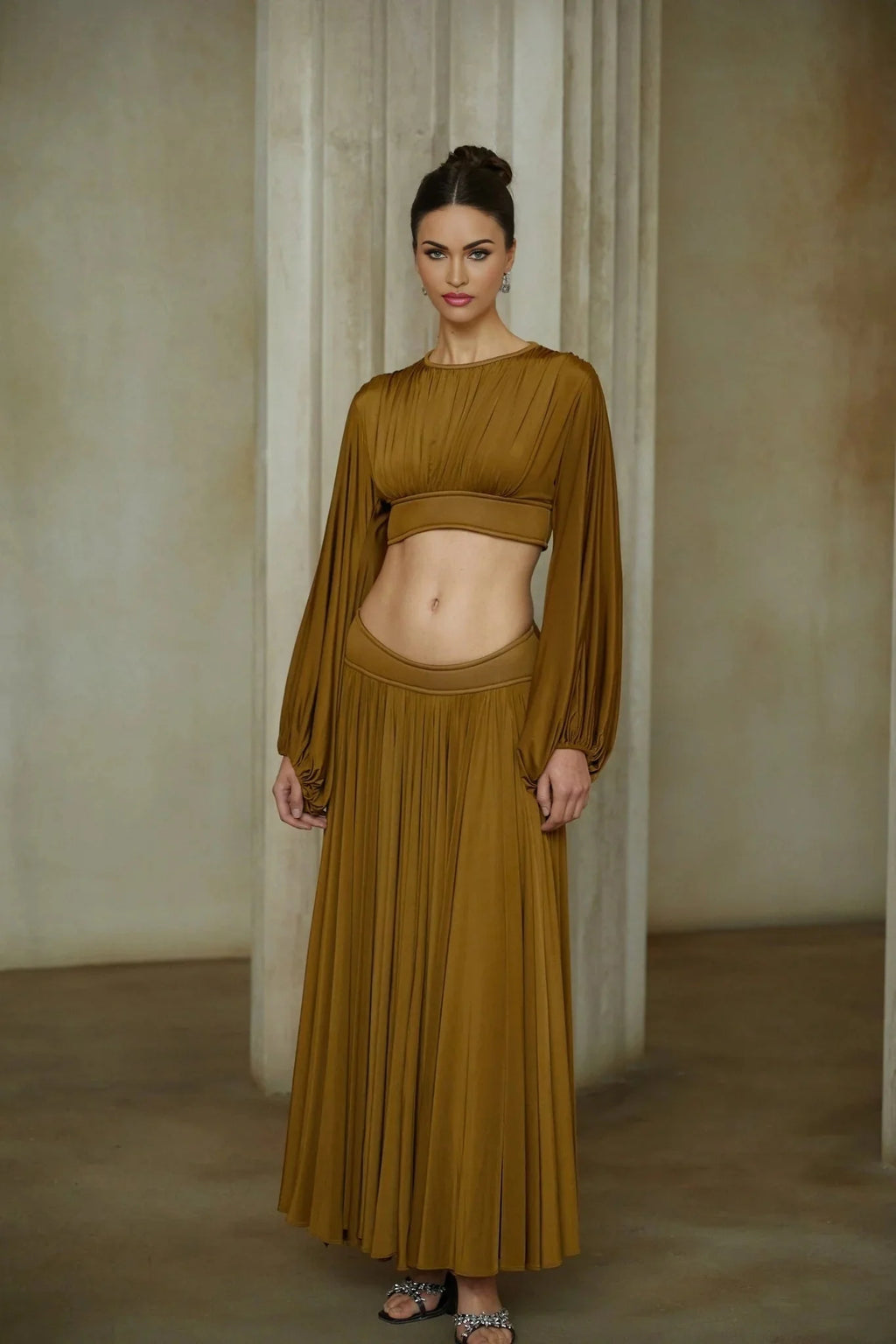 Carlotta Blouse & Skirt Set Green Pleated Maxi