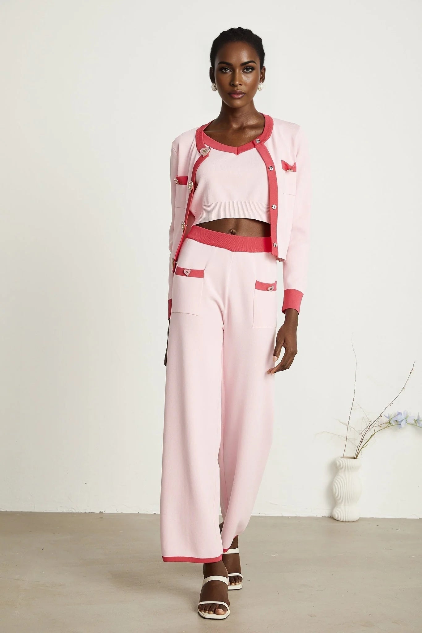 Carlotta Cardigan, Vest & Trousers Set - Round Neck - Front Button Fastening - V - Neck - Knitted Construction